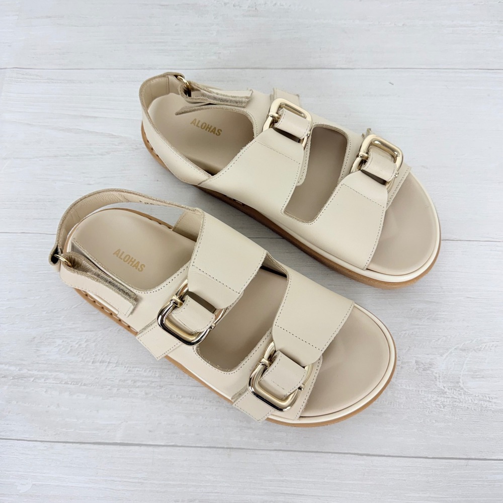 Alohas Harper Leather Sandals Womens 40 US 9 Cream Buckle Slingback Chunky - Picture 3 of 15